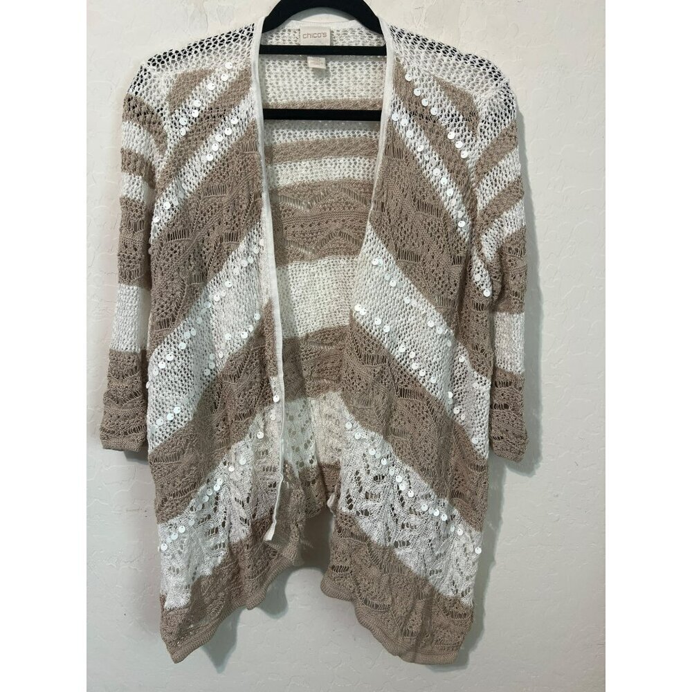 Chico's Sz 2 (US L 12) Open Front Knit Cardigan Beige White Stripe Sequin Detail